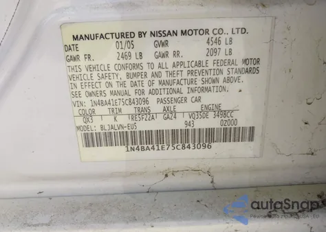 2005 Nissan Maxima 3.5 Sl z USA, uszkodzony, nr VIN 1N4BA41E75C843096